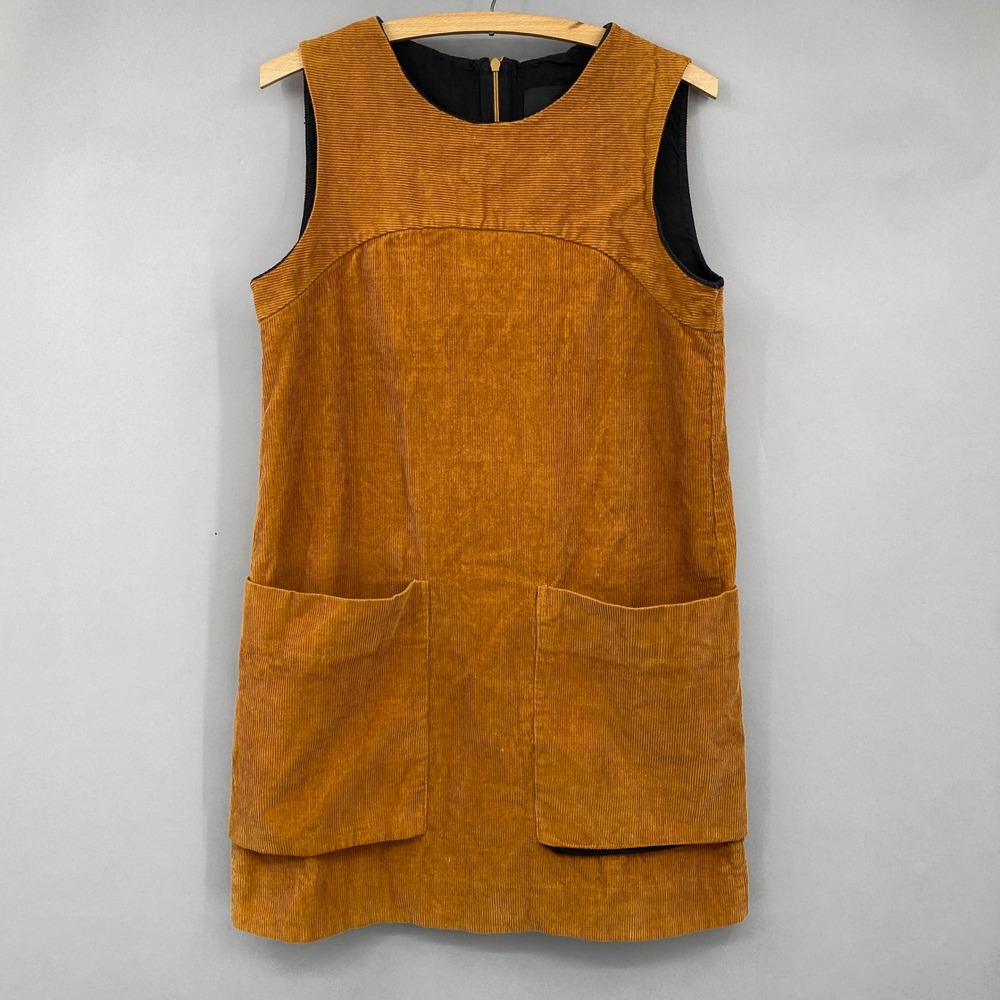 BESTIA Corduroy Shift Dress Womens Size 2 Mustard Yellow Sleeveless Pockets Mod